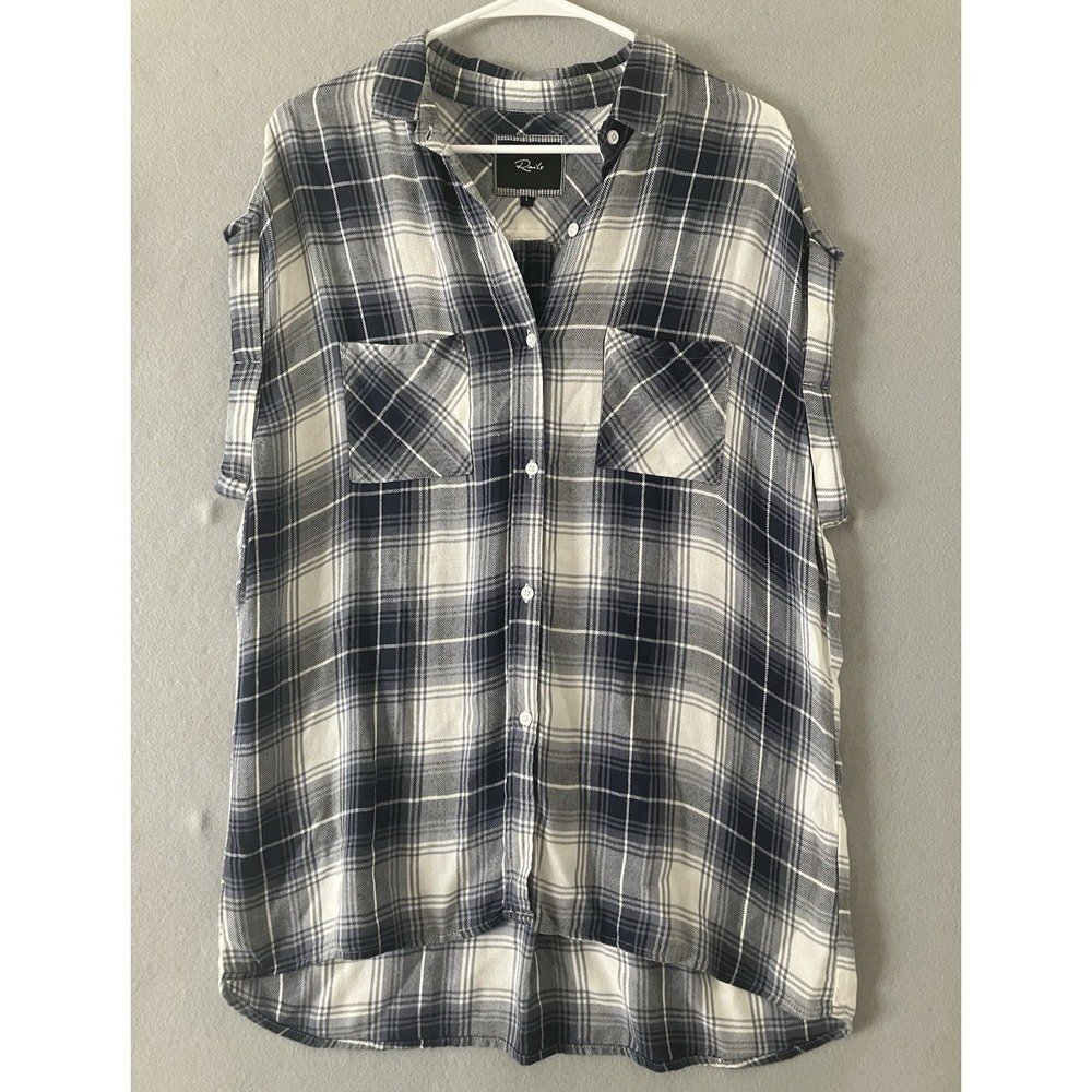 Rails  Blue White Plaid Cuffed Sleeve Button Down Shirt Women's L Pockets